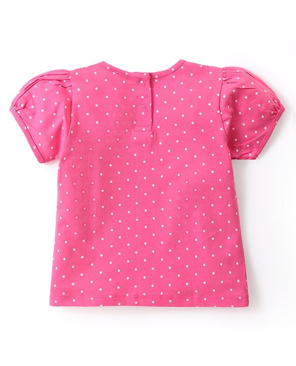 Babyhug Single Jersey Knit Dungaree with Frill Detailing & Half Sleeves T-Shirt Polka Dots & Leaves Print - Multicolour