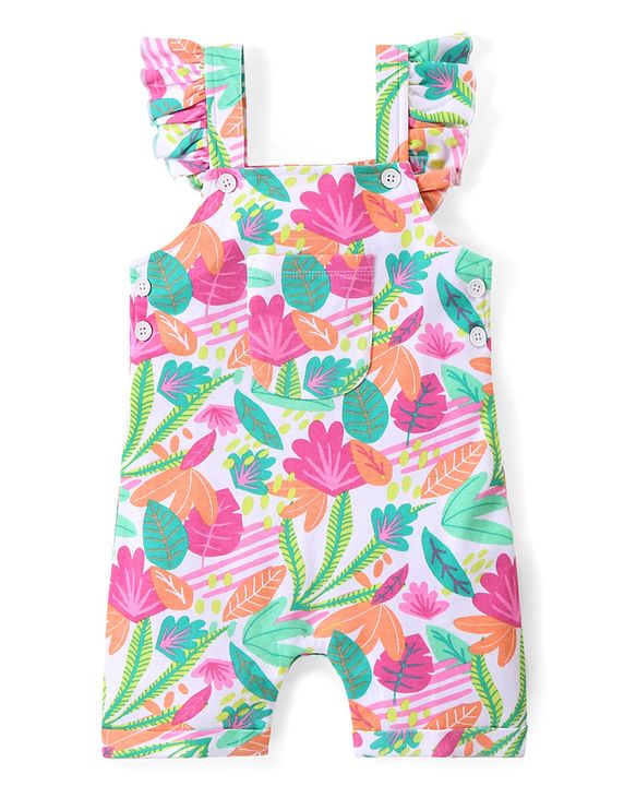 Babyhug Single Jersey Knit Dungaree with Frill Detailing & Half Sleeves T-Shirt Polka Dots & Leaves Print - Multicolour
