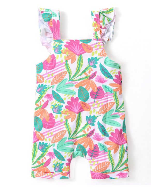 Babyhug Single Jersey Knit Dungaree with Frill Detailing & Half Sleeves T-Shirt Polka Dots & Leaves Print - Multicolour