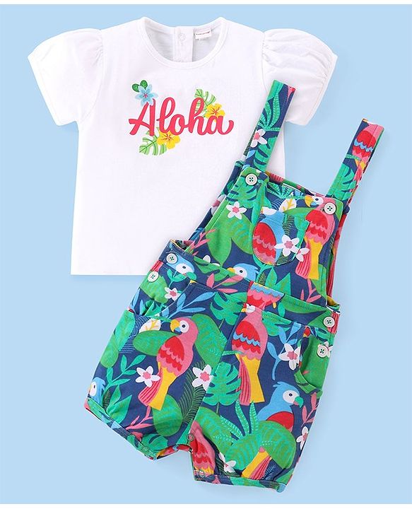 Babyhug Cotton Knit Half Sleeves T-Shirt & Dungaree Set with Tropical Theme- Multicolor