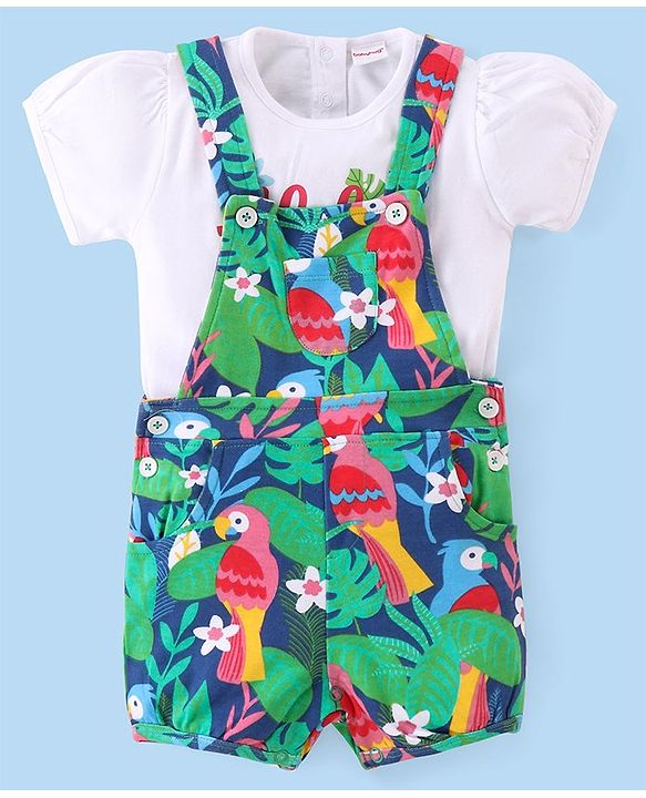 Babyhug Cotton Knit Half Sleeves T-Shirt & Dungaree Set with Tropical Theme- Multicolor