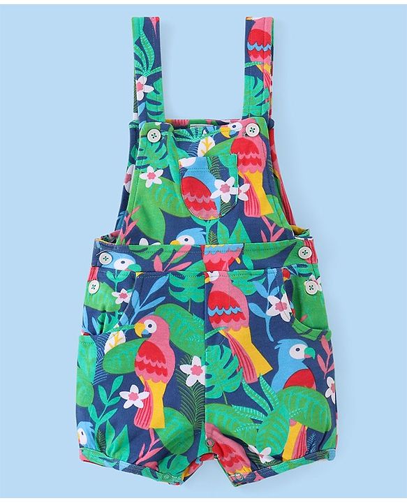 Babyhug Cotton Knit Half Sleeves T-Shirt & Dungaree Set with Tropical Theme- Multicolor