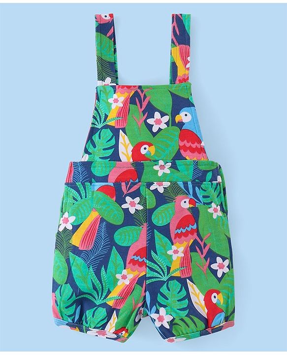 Babyhug Cotton Knit Half Sleeves T-Shirt & Dungaree Set with Tropical Theme- Multicolor