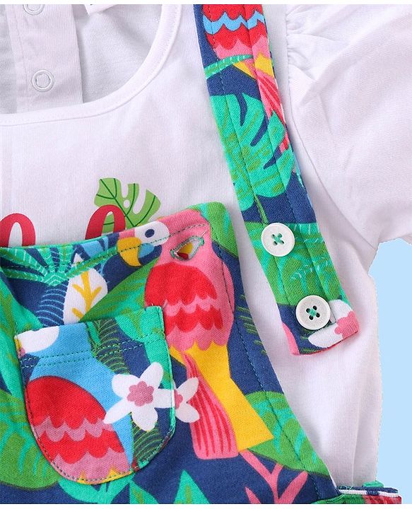 Babyhug Cotton Knit Half Sleeves T-Shirt & Dungaree Set with Tropical Theme- Multicolor