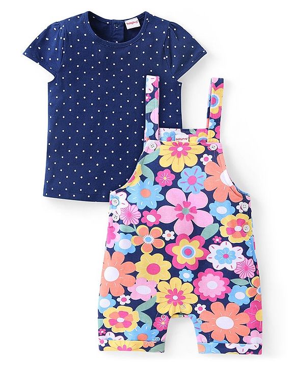 Babyhug Cotton Knit Dungaree and Half Sleeves Top Set Floral Print - Multicolor