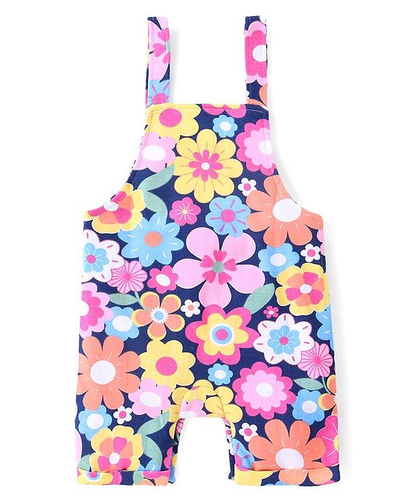 Babyhug Cotton Knit Dungaree and Half Sleeves Top Set Floral Print - Multicolor