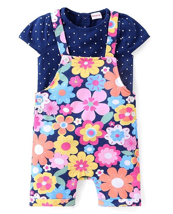 Babyhug Cotton Knit Dungaree and Half Sleeves Top Set Floral Print - Multicolor