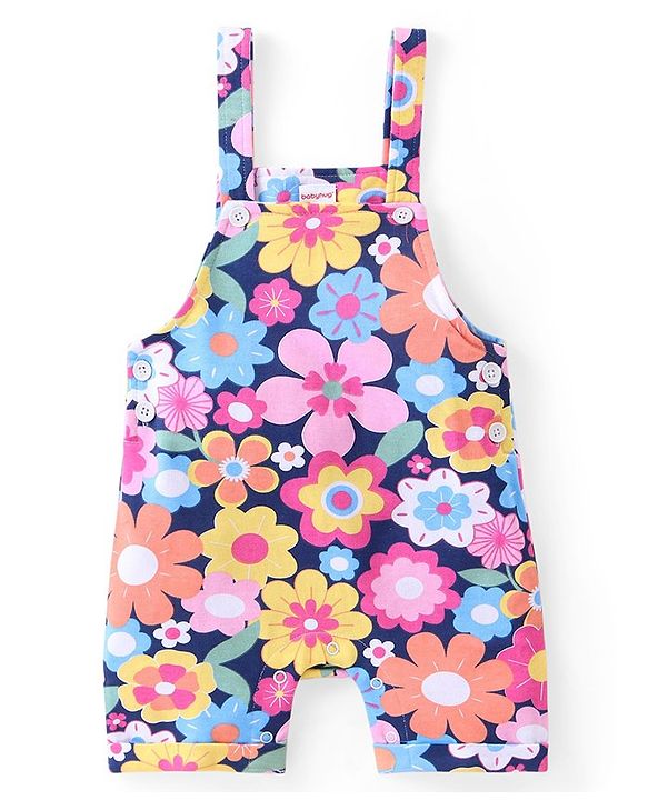 Babyhug Cotton Knit Dungaree and Half Sleeves Top Set Floral Print - Multicolor
