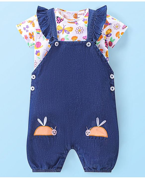 Babyhug Single Jersey Knit Dungaree with Half Sleeves Inner Tee Floral Print &  Bees Embroidery - White & Blue