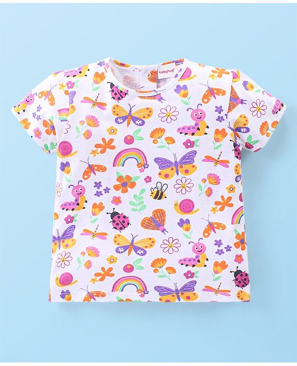 Babyhug Single Jersey Knit Dungaree with Half Sleeves Inner Tee Floral Print &  Bees Embroidery - White & Blue