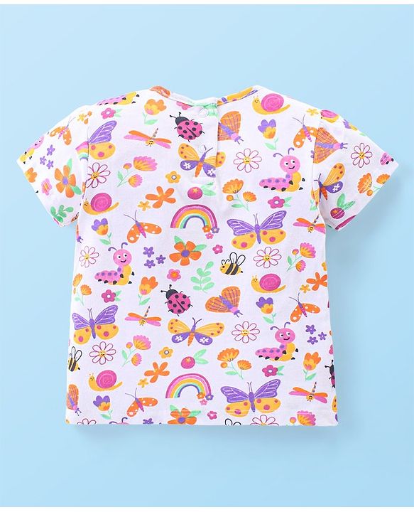 Babyhug Single Jersey Knit Dungaree with Half Sleeves Inner Tee Floral Print &  Bees Embroidery - White & Blue