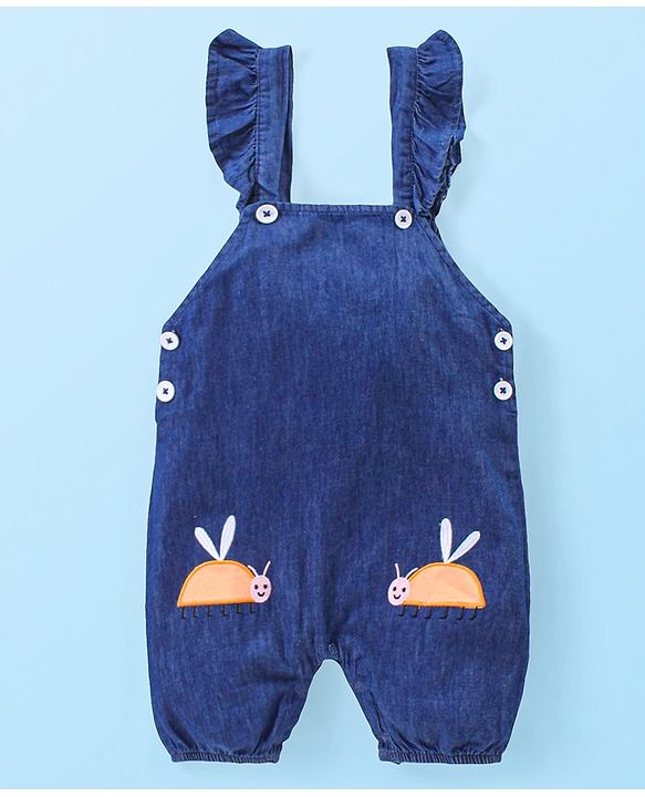 Babyhug Single Jersey Knit Dungaree with Half Sleeves Inner Tee Floral Print &  Bees Embroidery - White & Blue