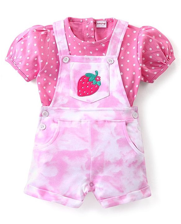Babyhug Cotton Knit Fruity Embroidered Dungaree with Half Sleeves Inner Tee Polka Dots Print - Pink & White