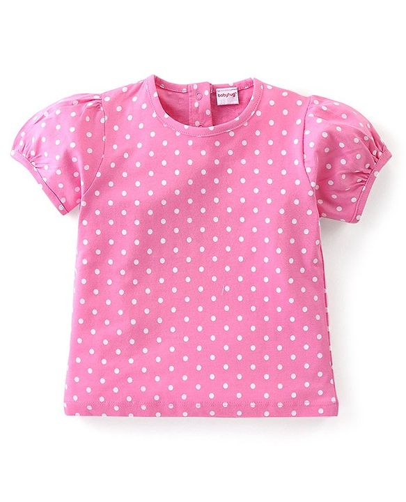Babyhug Cotton Knit Fruity Embroidered Dungaree with Half Sleeves Inner Tee Polka Dots Print - Pink & White
