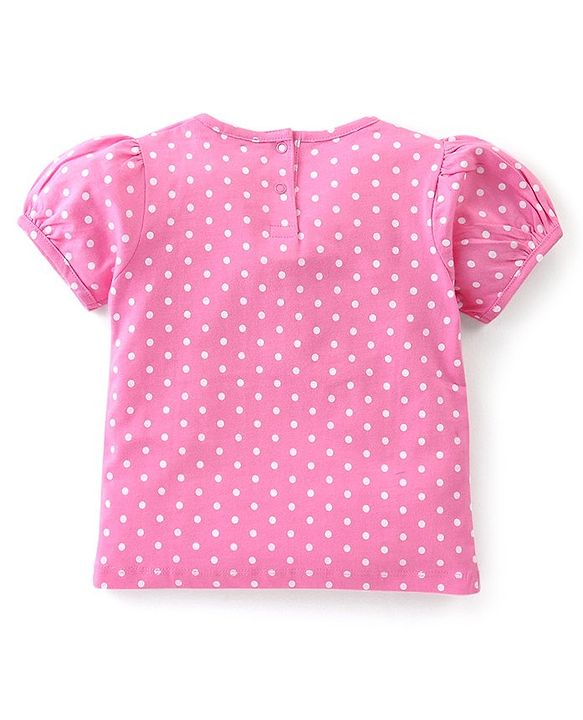 Babyhug Cotton Knit Fruity Embroidered Dungaree with Half Sleeves Inner Tee Polka Dots Print - Pink & White