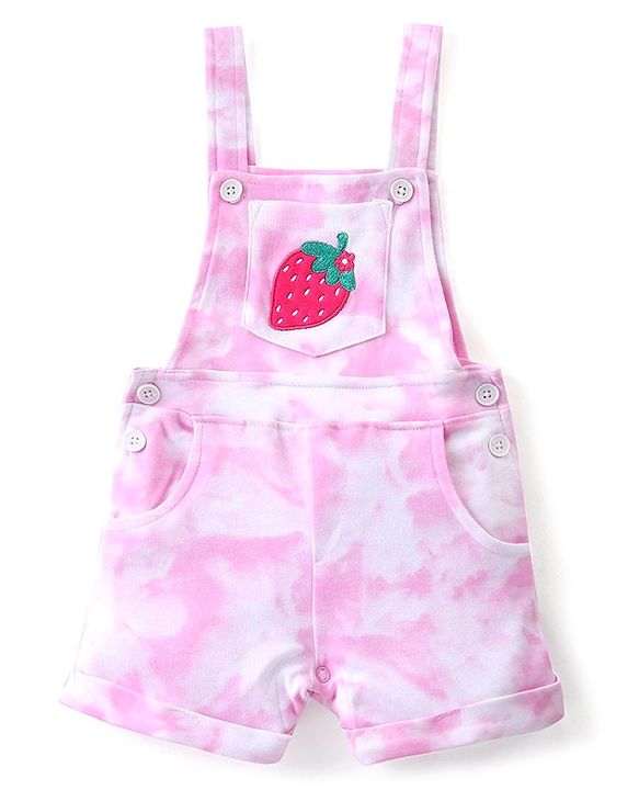 Babyhug Cotton Knit Fruity Embroidered Dungaree with Half Sleeves Inner Tee Polka Dots Print - Pink & White