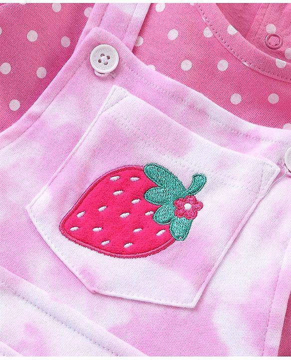 Babyhug Cotton Knit Fruity Embroidered Dungaree with Half Sleeves Inner Tee Polka Dots Print - Pink & White