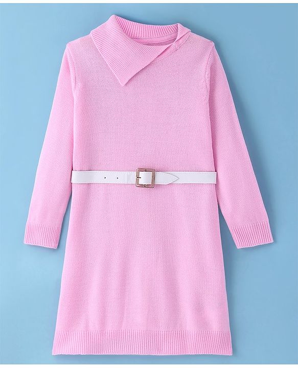Pine Kids Full Sleeves Fine Knit Solid Woollen Dress with Belt - Light Pink