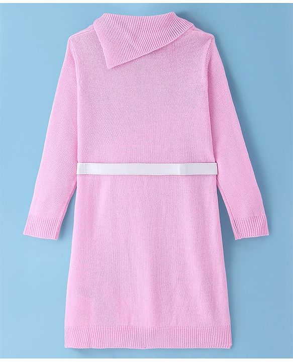Pine Kids Full Sleeves Fine Knit Solid Woollen Dress with Belt - Light Pink