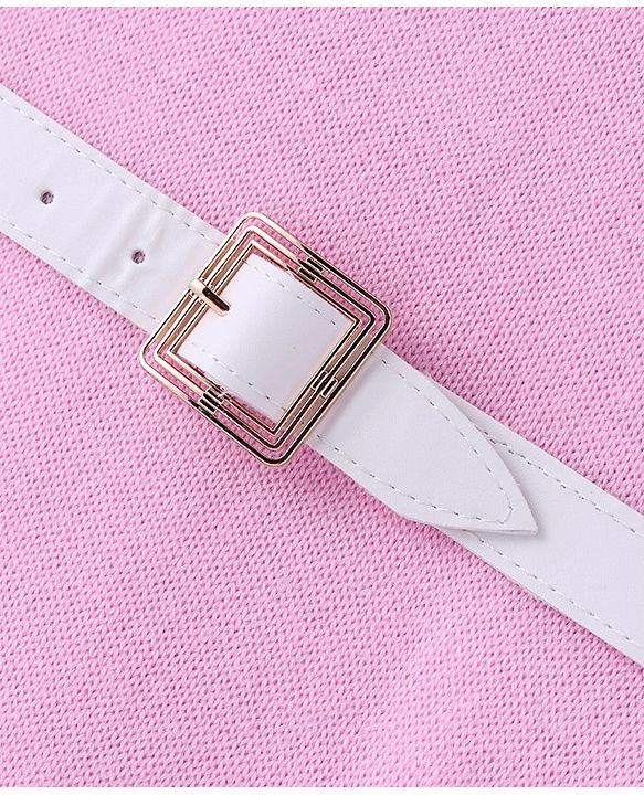Pine Kids Full Sleeves Fine Knit Solid Woollen Dress with Belt - Light Pink