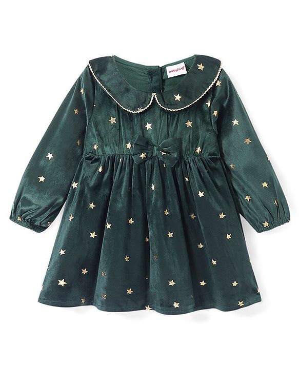 Babyhug Woven Full Sleeves Peter Pan Collar Frock With Foil Star Print & Bow Applique - Green