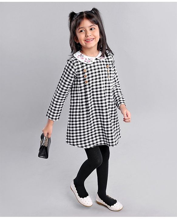Babyhug Cotton Woven Full Sleeves Checkered Collared Frock with Floral Embroidery - Black & White