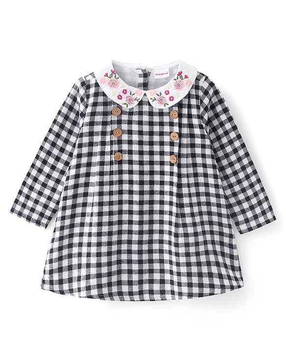 Babyhug Cotton Woven Full Sleeves Checkered Collared Frock with Floral Embroidery - Black & White