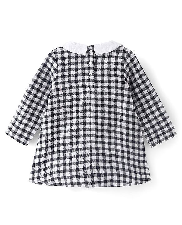 Babyhug Cotton Woven Full Sleeves Checkered Collared Frock with Floral Embroidery - Black & White