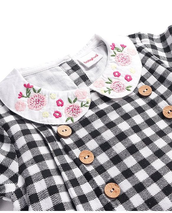 Babyhug Cotton Woven Full Sleeves Checkered Collared Frock with Floral Embroidery - Black & White