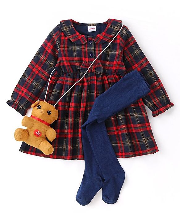 Babyhug Cotton Woven Full Sleeves Checkered Peter Pan Collared Frock with Leggings & Teddy Sling - Navy Blue & Red