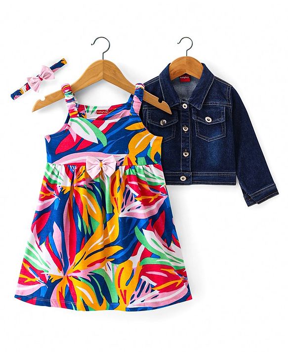 Babyhug Single Jersey Knit Abstract Printed Frock With Full Sleeves Denim Jacket & Headband - Multicolor