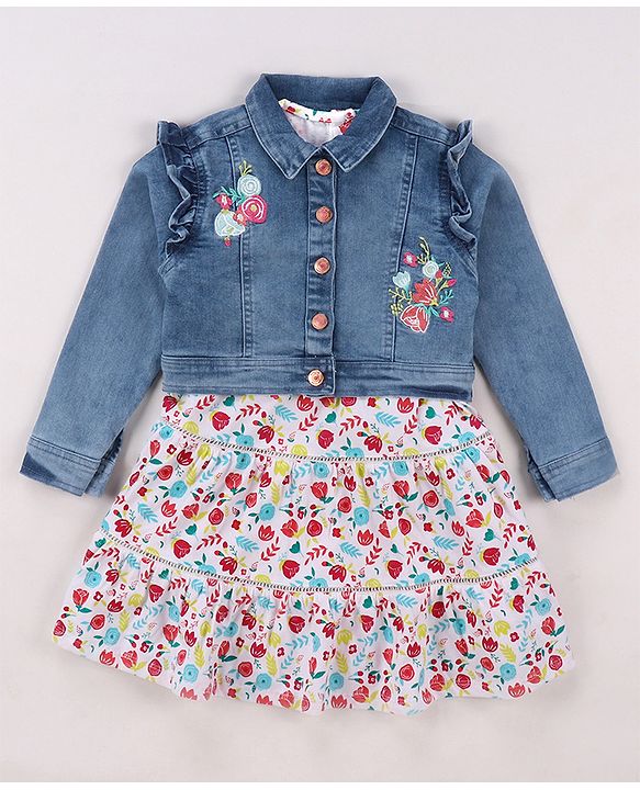 Babyhug Single Jersey Knit Floral Printed Frock With Full Sleeves Floral Embroidered Denim Jacket - White & Blue