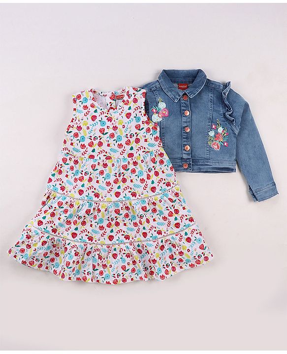 Babyhug Single Jersey Knit Floral Printed Frock With Full Sleeves Floral Embroidered Denim Jacket - White & Blue