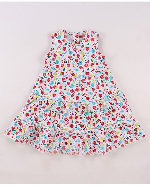Babyhug Single Jersey Knit Floral Printed Frock With Full Sleeves Floral Embroidered Denim Jacket - White & Blue