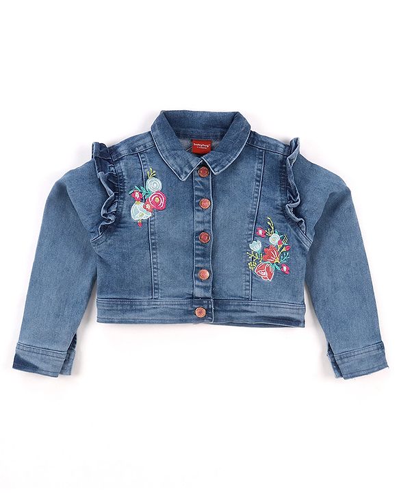 Babyhug Single Jersey Knit Floral Printed Frock With Full Sleeves Floral Embroidered Denim Jacket - White & Blue