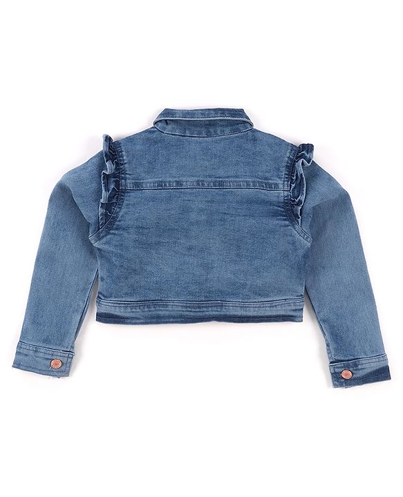 Babyhug Single Jersey Knit Floral Printed Frock With Full Sleeves Floral Embroidered Denim Jacket - White & Blue