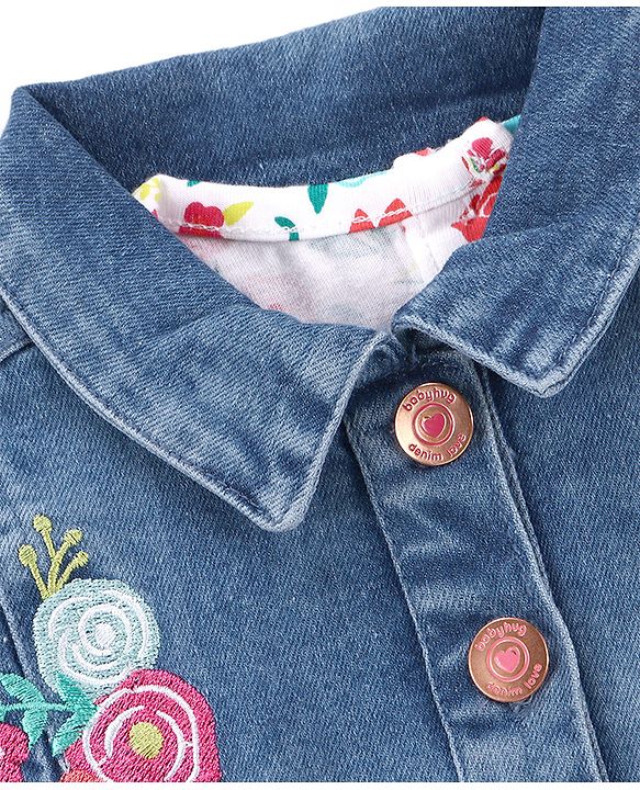 Babyhug Single Jersey Knit Floral Printed Frock With Full Sleeves Floral Embroidered Denim Jacket - White & Blue