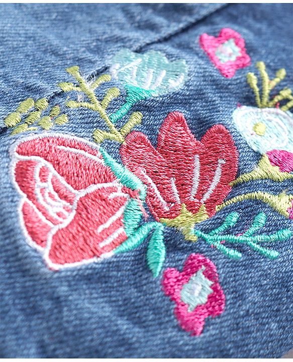 Babyhug Single Jersey Knit Floral Printed Frock With Full Sleeves Floral Embroidered Denim Jacket - White & Blue