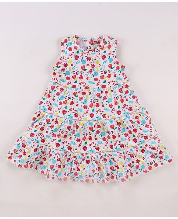 Babyhug Single Jersey Knit Floral Printed Frock With Full Sleeves Floral Embroidered Denim Jacket - White & Blue