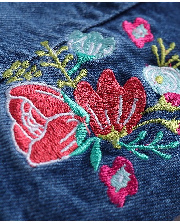 Babyhug Single Jersey Knit Floral Printed Frock With Full Sleeves Floral Embroidered Denim Jacket - White & Blue