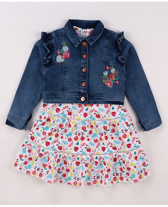 Babyhug Single Jersey Knit Floral Printed Frock With Full Sleeves Floral Embroidered Denim Jacket - White & Blue