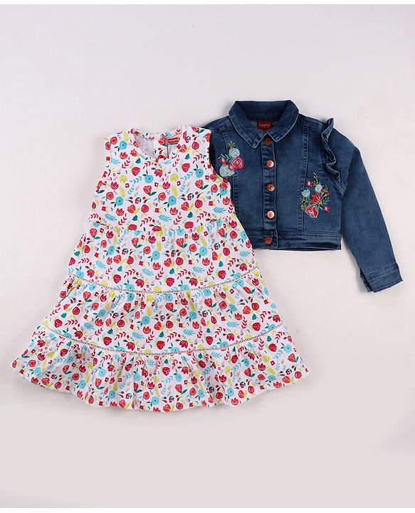 Babyhug Single Jersey Knit Floral Printed Frock With Full Sleeves Floral Embroidered Denim Jacket - White & Blue