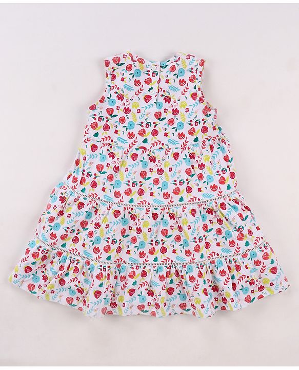 Babyhug Single Jersey Knit Floral Printed Frock With Full Sleeves Floral Embroidered Denim Jacket - White & Blue
