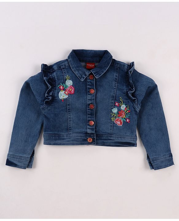 Babyhug Single Jersey Knit Floral Printed Frock With Full Sleeves Floral Embroidered Denim Jacket - White & Blue