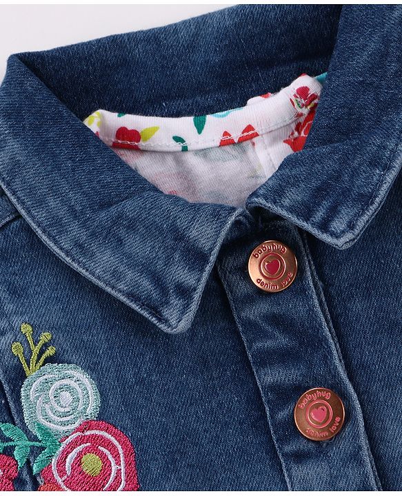 Babyhug Single Jersey Knit Floral Printed Frock With Full Sleeves Floral Embroidered Denim Jacket - White & Blue