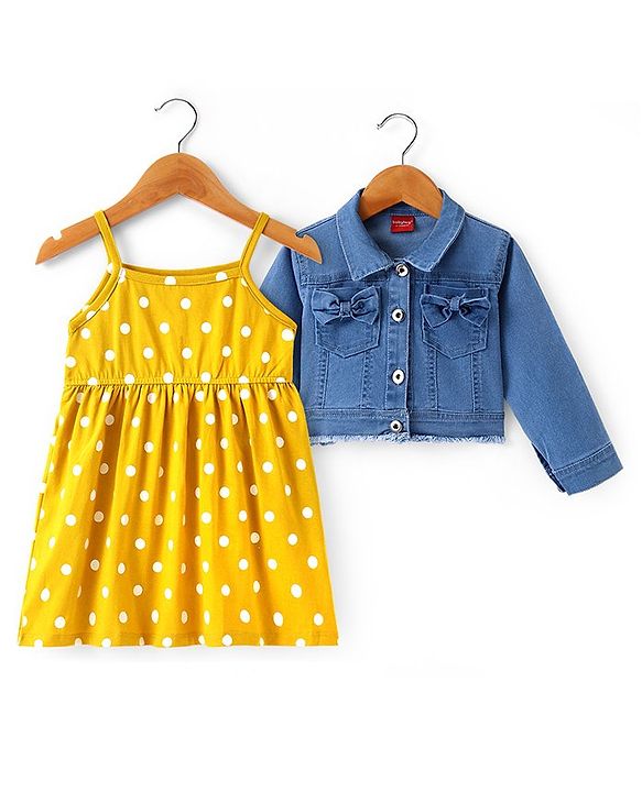 Babyhug Cotton Knit Frock with Full Sleeves Denim Jacket & Polka Dots Print - Yellow