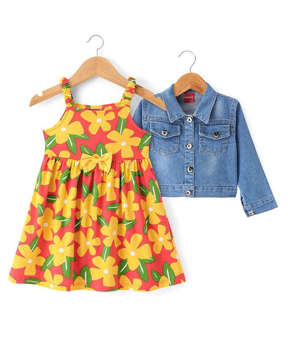 Babyhug Cotton Knit Floral Printed Frock With Full Sleeves Denim Jacket - Dark Pink Yellow & Blue