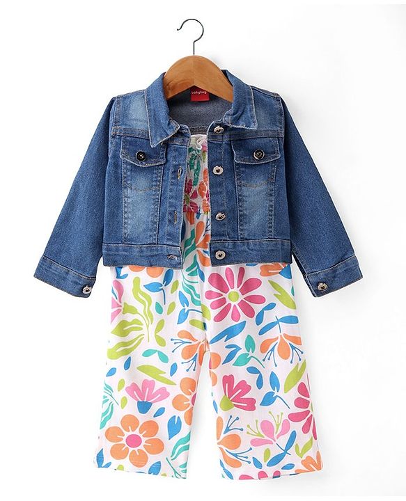 Babyhug Single Jersey Floral Printed Jumpsuit with Full Sleeves Denim Jacket - White & Navy Blue