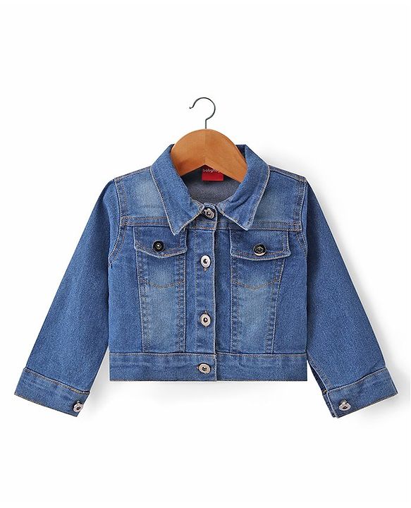 Babyhug Single Jersey Floral Printed Jumpsuit with Full Sleeves Denim Jacket - White & Navy Blue