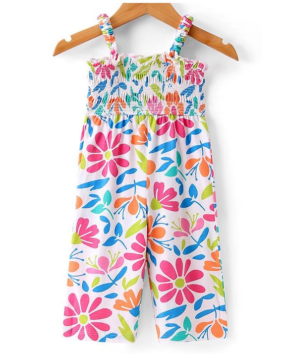 Babyhug Single Jersey Floral Printed Jumpsuit with Full Sleeves Denim Jacket - White & Navy Blue